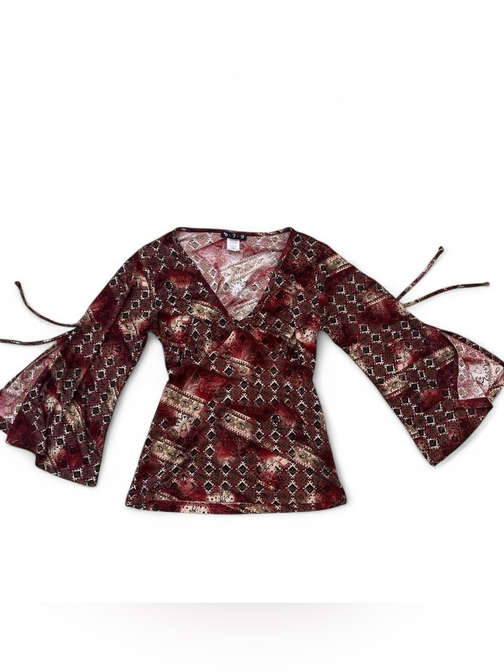 Y2K Boho Bell-Sleeve V-Neck Top in Burgundy Medium V Neck